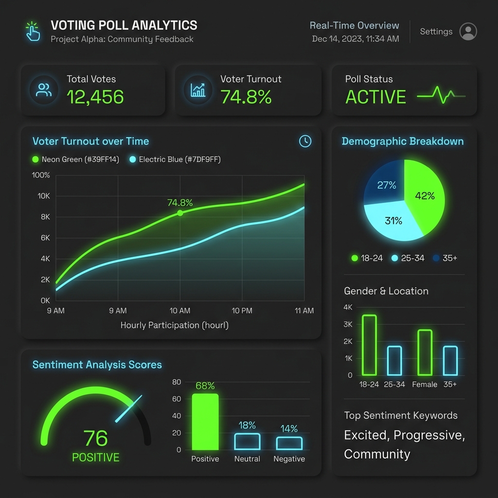 Premium real-time voting analytics dashboard with glowing charts